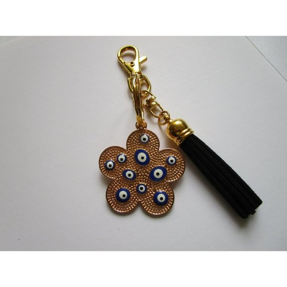 Gold tone blue evil eye flower charm key chain black leather tassel purse charm - Picture 10 of 10